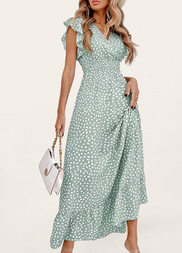 back Hello Sweetheart Mint Green Print Flutter Sleeve Maxi Dress
