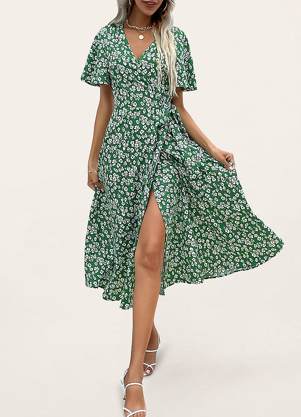 front Express Yourself Green Floral Print Wrap Dress