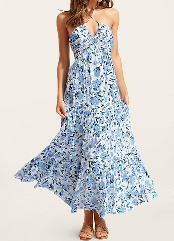 front Homewood Blue Floral Print Halter Neck Maxi Dress