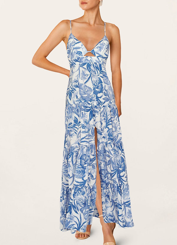 front Breath Of Spring Blue Floral Print Cutout Maxi Dress