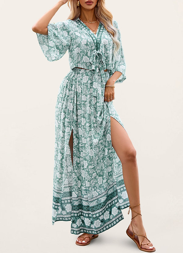 front Play Tourist Mint Green Floral Print Two-Piece Short Sleeve Maxi Dress