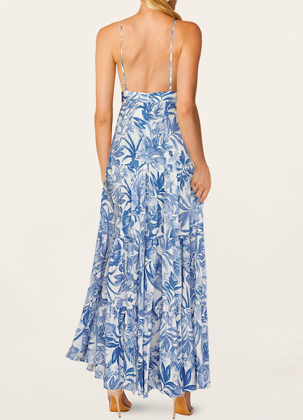 back Breath Of Spring Blue Floral Print Cutout Maxi Dress
